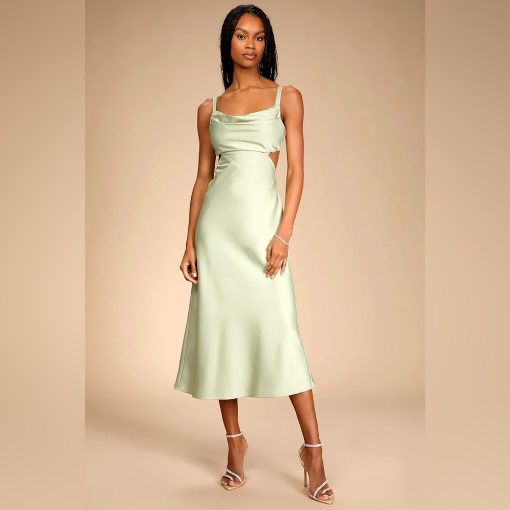 Lulus Stun to Remember Sage Green Satin Cowl Neck Cutout Midi Dress (S)